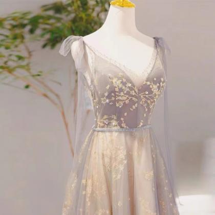 Gray Prom Dress,v-neck Party Dress,fairy Evening..