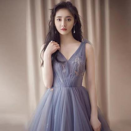 Blue Prom Dress,v-neck Party Dress,fairy Evening..