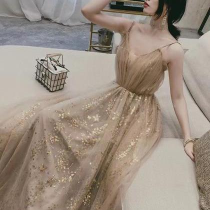 Spaghetti Strap Prom Dress,gold Party Dress,sequin..