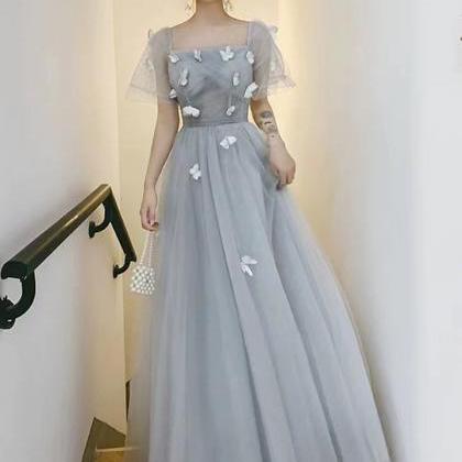 Butterfly Applique Evening Dress, Grey Prom..