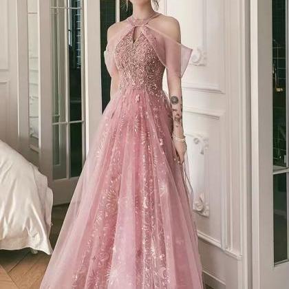 Pink Party Dress, Halter Neck Prom Dress, Sweet..