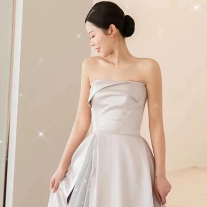 Gray Evening Dress,strapless Prom Dress,sexy Satin..