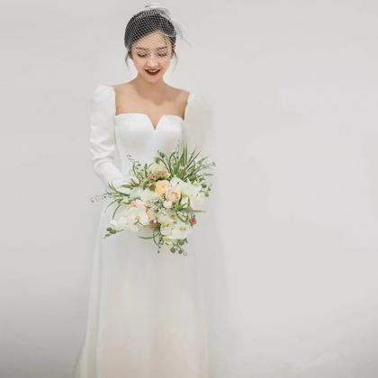 Satin Light Wedding Dress, Long Sleeve Bridal..