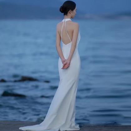 Satin Light Wedding Dress, White Bridal..