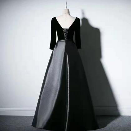 V-neck Party Dress,long Sleeve Prom Dress,black..