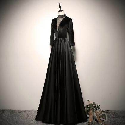 High Neck Party Dress,long Sleeve Prom Dress,black..