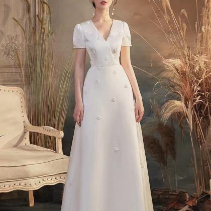 Satin Wedding Dress, , White Bridal Dress, V-neck..