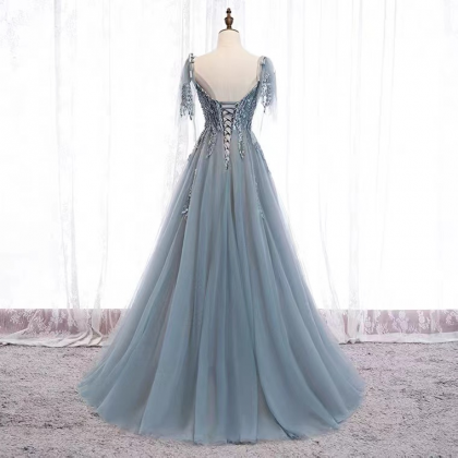 V-neck Party Dress,blue Prom Dress ,elegant..