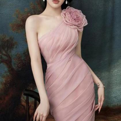 Pink Evening Dress With Flower, Light Luxury Party..