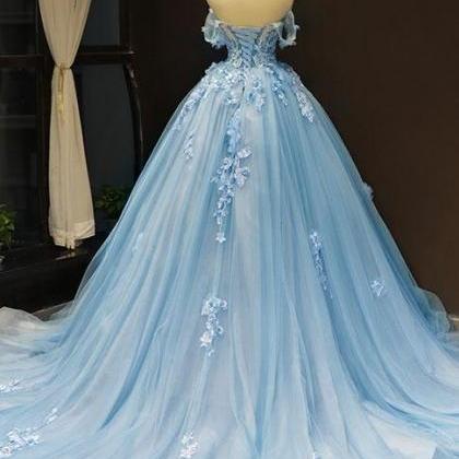 Blue Wedding Dresses , Lace Applique Elegant Ball..