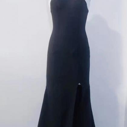 Hatler Neck Prom Dress ，black Party Dress, Slit..