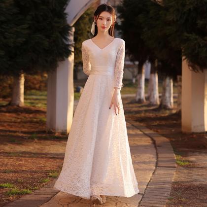 Long Sleeve Prom Dress, White Evening Dress,simple..
