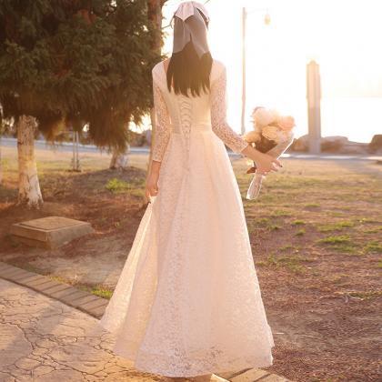 Long Sleeve Prom Dress, White Evening Dress,simple..