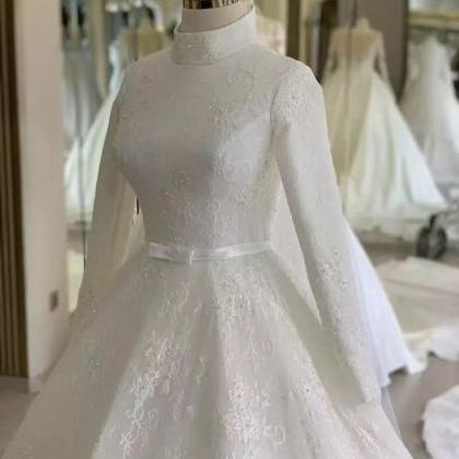 Long Sleeve Wedding Dress, White Floor Shag Bridal..