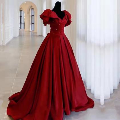 Burgundy Satin Bridal Gown, Off-the-shoulder..