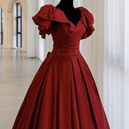 Burgundy Satin Bridal Gown, Off-the-shoulder..