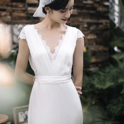 White Light Wedding Dress, V-neck Bridal..