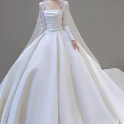 Long Sleeve Wedding Dress, Satin Light Wedding..