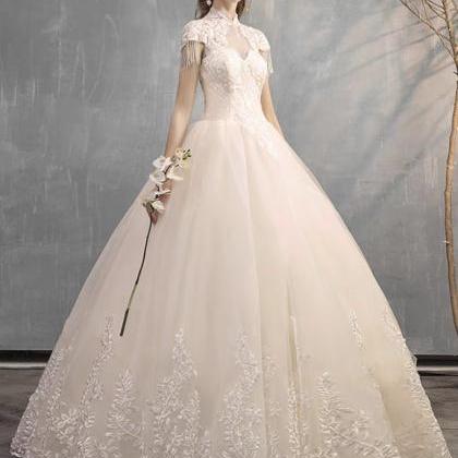 High Neck Bridal Dress,tulle Floor Length Wedding..