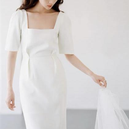 Square Collar Wedding Dress,white Satin Dress,..