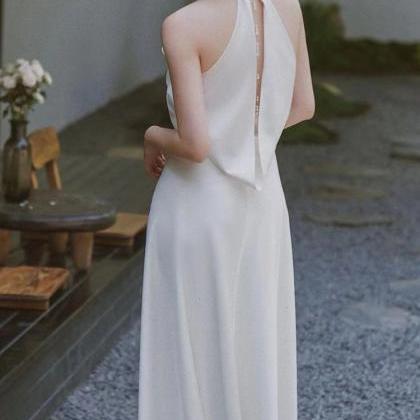 Halter Neck Evening Dress,white Prom Dress, Satin..