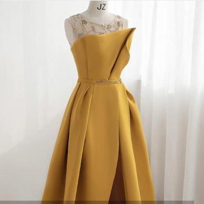 Elegant Yellow Satin Prom Dress, Haute Couture..