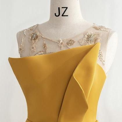 Elegant Yellow Satin Prom Dress, Haute Couture..