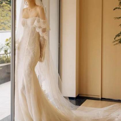 Long-sleeve Bridal Dress, Luxury Off Shoulder..