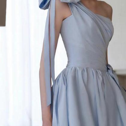 One Shoulder Evening Dress,blue Prom Dress, Satin..