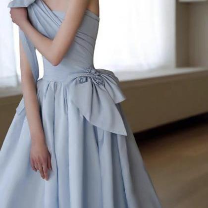 One Shoulder Evening Dress,blue Prom Dress, Satin..