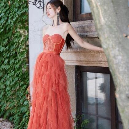 Stylish Party Dress, Tomato-colored Puffy Skirt +..