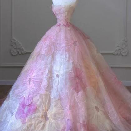 Pink Prom Dress, Floral Princess Dress, Strapless..