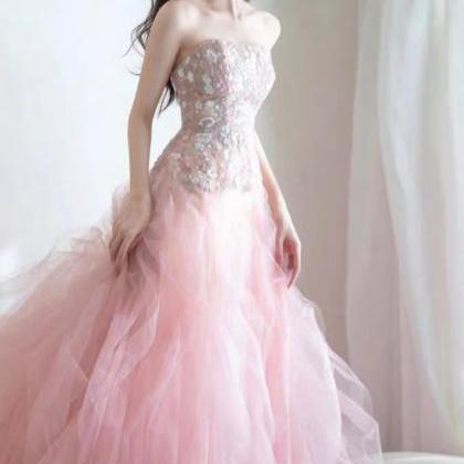 Pink Prom Dress, Floral Princess Dress, Strapless..