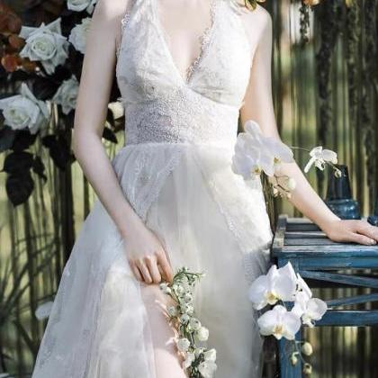 Halter Neck Prom Dress,lace Bridal Dress,chic..