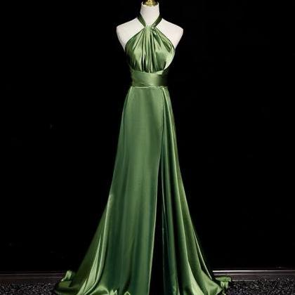 Halter Neck Prom Dress,satin Evening Dress,green..