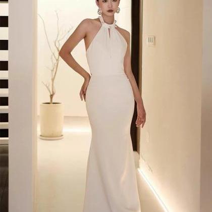 Halter Neck Prom Dress,satin Evening Dress,white..