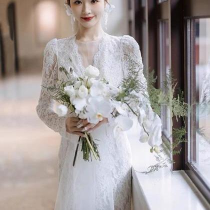 Long Sleeve Wedding Dress,tulle Bridal Dress,white..