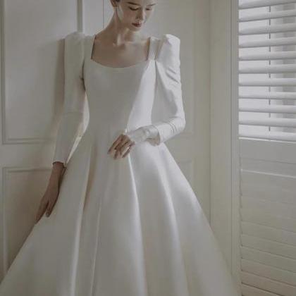 Long Sleeve Wedding Dress, Square Collar High..