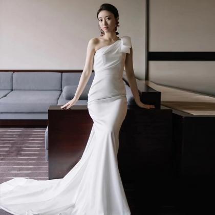 Satin Wedding Dress, One Shoulder Bridal Dress,..