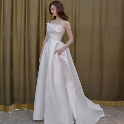Straples Wedding Dress, Satin Prom Dress, White..
