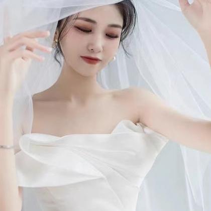 Strapless Wedding Dress, Satin Prom Dress, White..