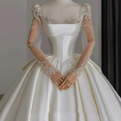 Satin Off Shoulder Bridal Dress, Luxury Wedding..