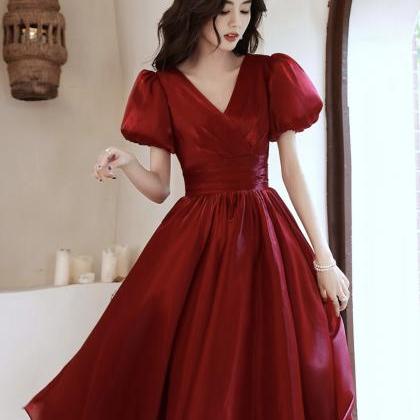 Satin Prom Dress,v-neck Party Dress ,red Midi..