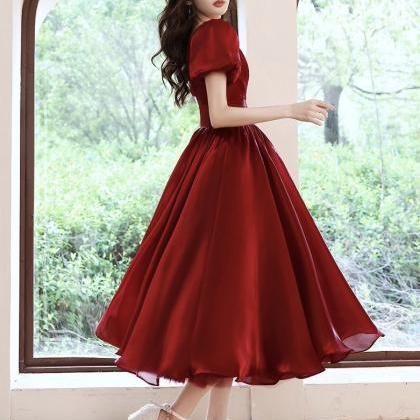 Satin Prom Dress,v-neck Party Dress ,red Midi..
