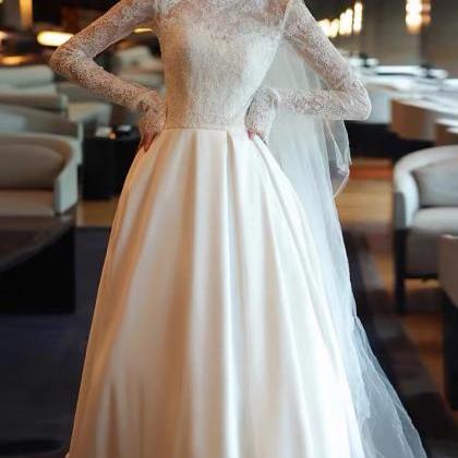 Light Wedding Dress, Bridal Dress, White Lace Long Sleeve Simple Train ...