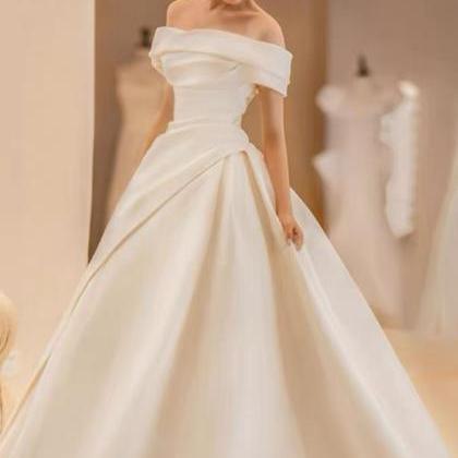Satin Bridal Dress, Off-shoulder Vintage Wedding..