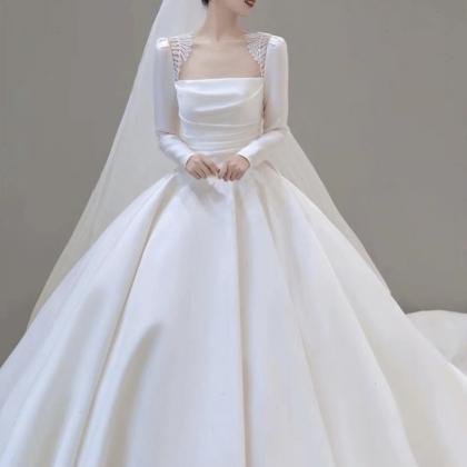 Satin Wedding Dress, Long Sleeve Bridal Dress,..