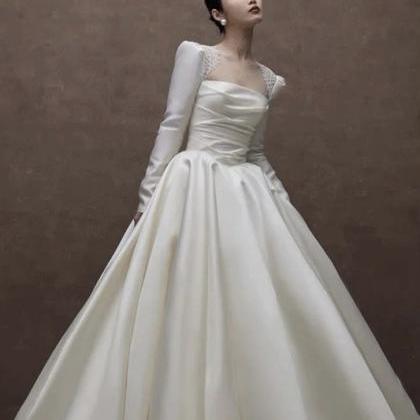 Satin Wedding Dress, Long Sleeve Bridal Dress,..