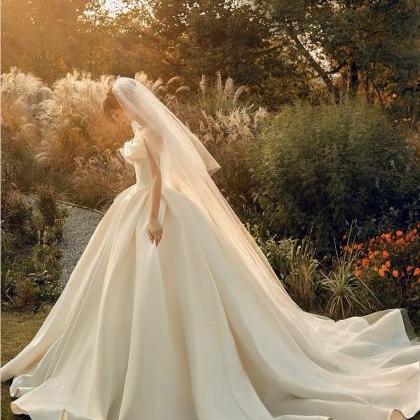 Vintage,strapless Satin Light Wedding Dress ,..