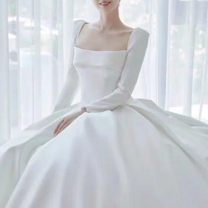 Elegant Wedding Dress, Long Sleeve Satin Simple..